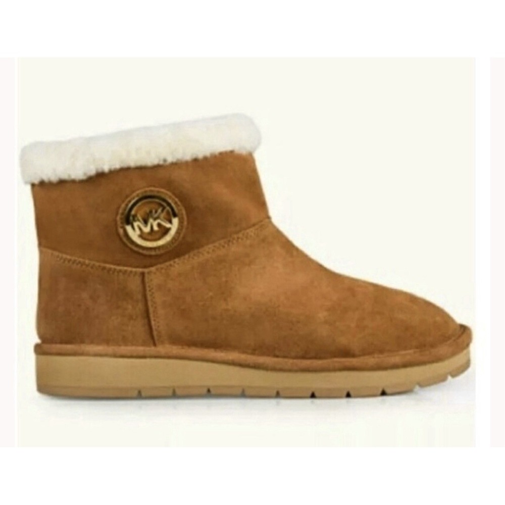 NWOB MICHAEL KORS Natalia Ankle Boots Tan Suede Faux Shearling Gold Logo Women 8